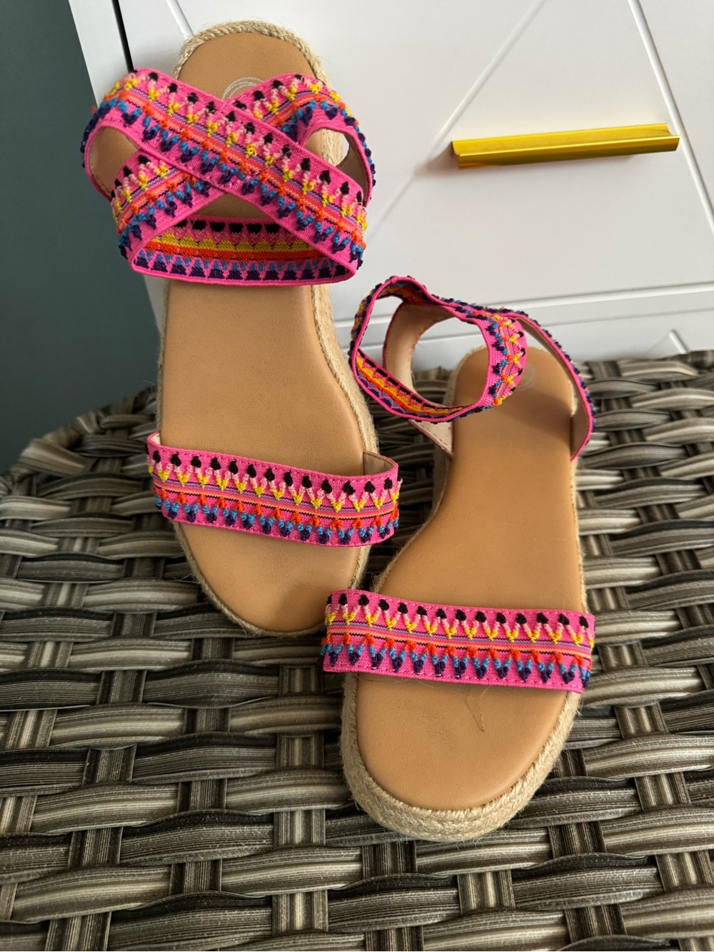 Girls Hot Pink IKAT Embroidered Strappy Platform Espadrilles Sandals - Size 3